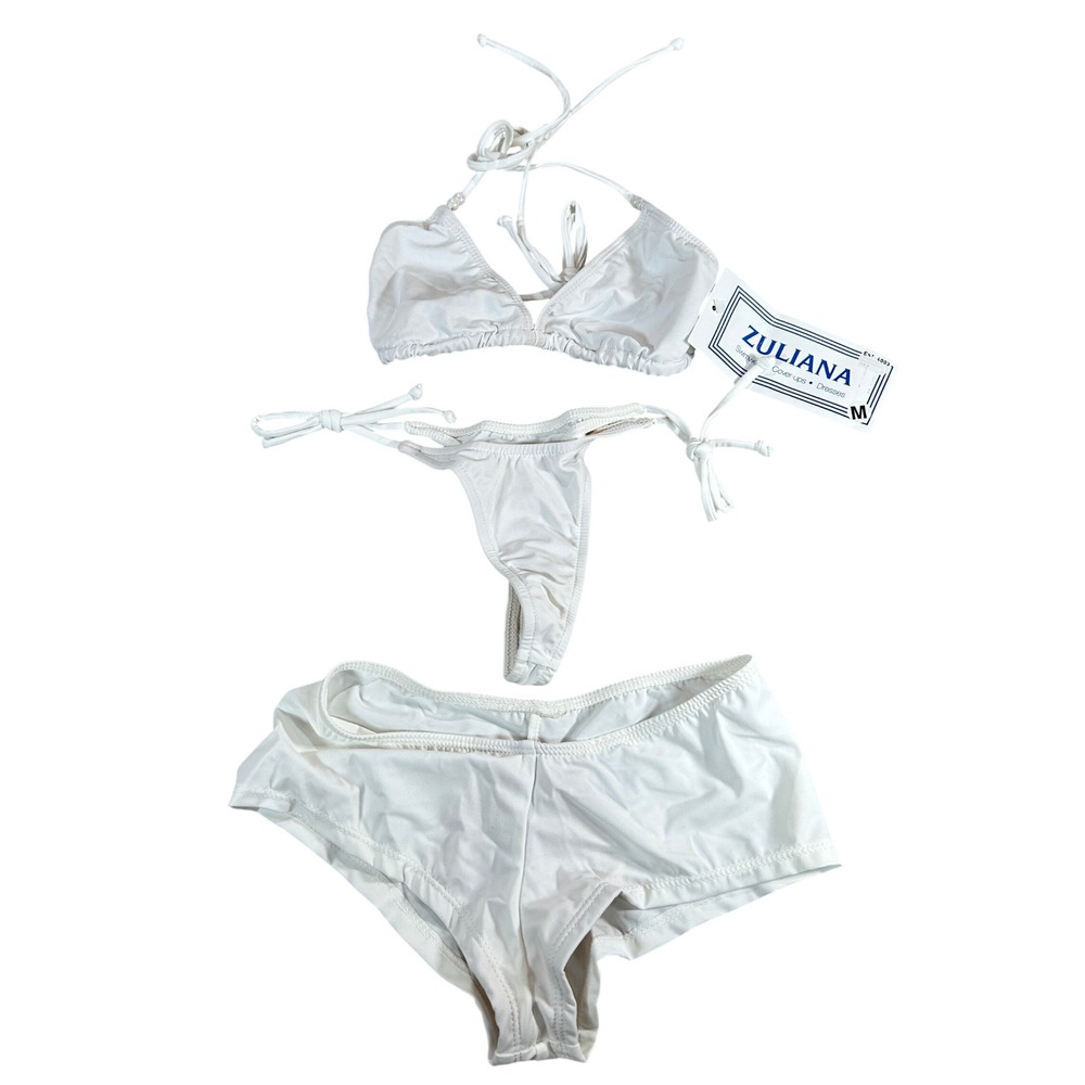Zuliana VTG Y2K White 3-Piece Bikini Set Triangle Top Thong Boy Short Medium NWT